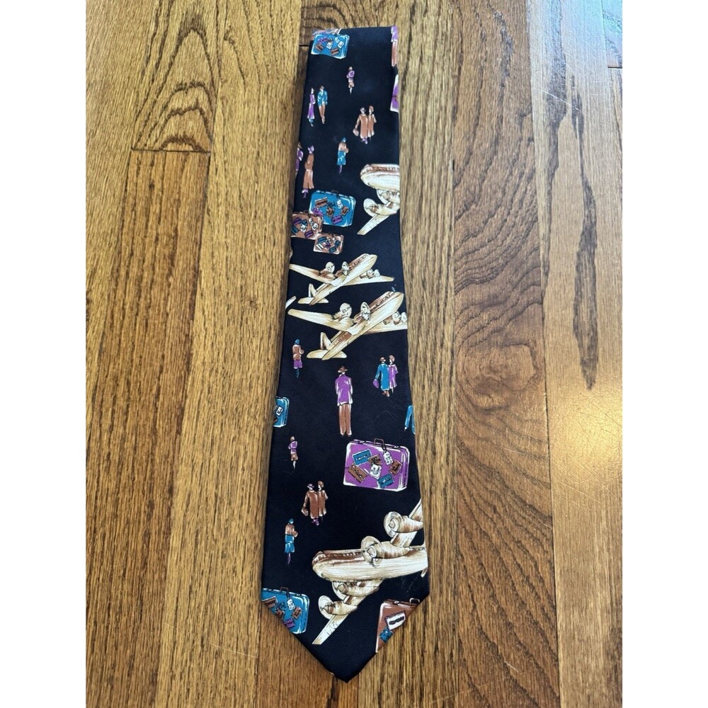 Surrey Men's Necktie Silk Travel Airplane Suitcases Print Black Novelty 90s VTG
